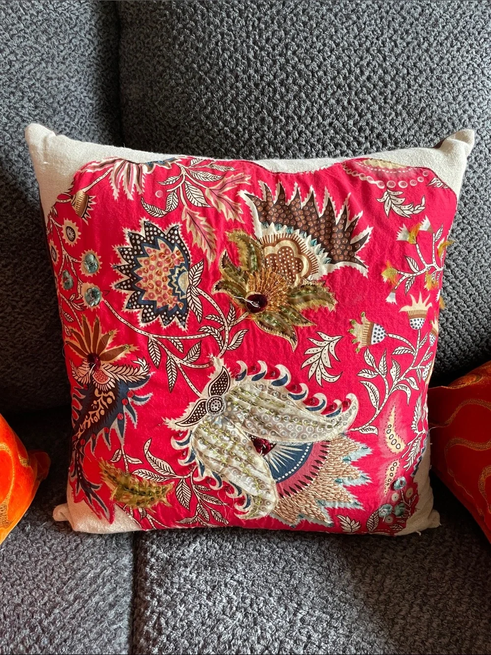 Pier 1 Red Floral Embroidered Accent Pillow